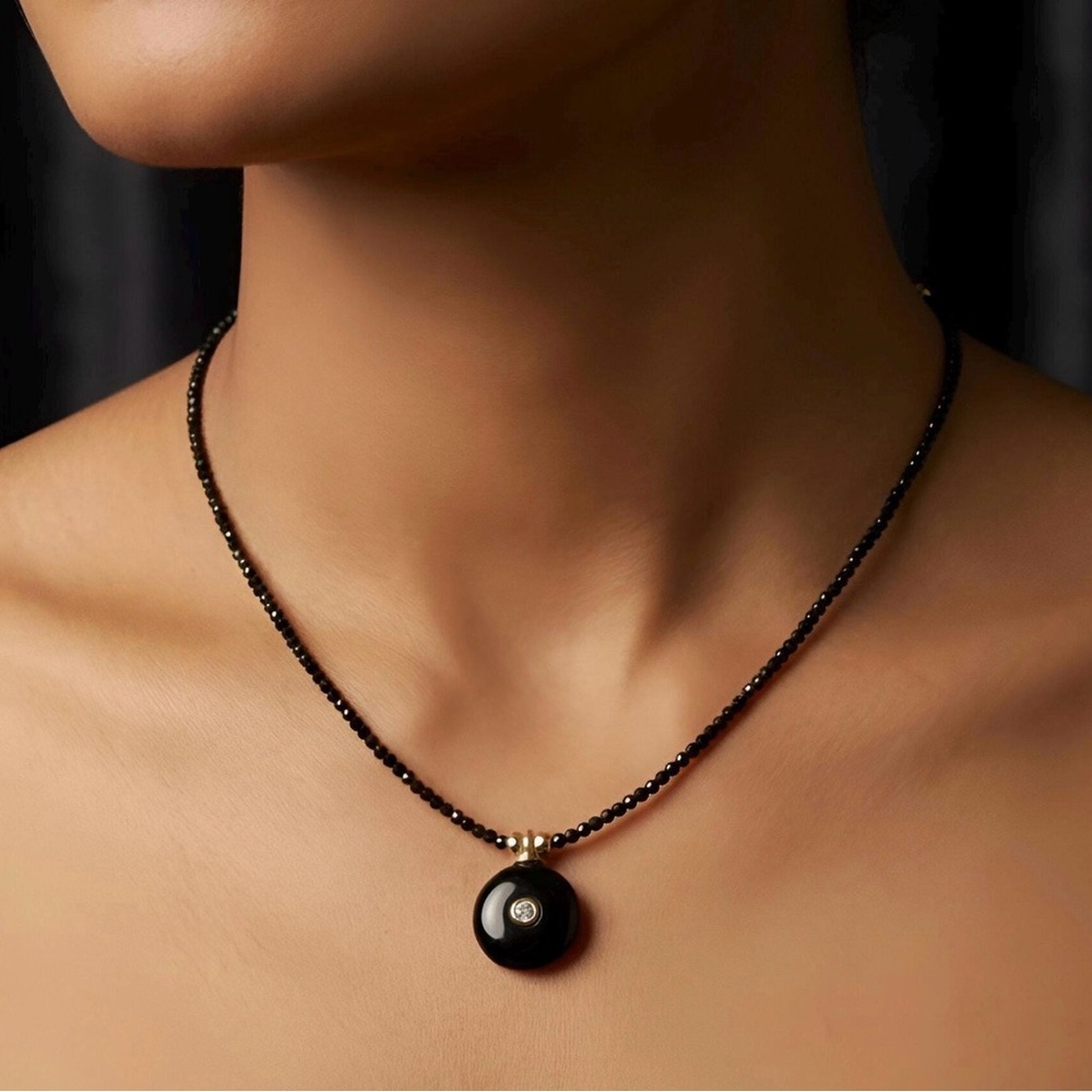 *NWT* Onyx and Black Agate Beaded Pendant Necklace with Gold Accents